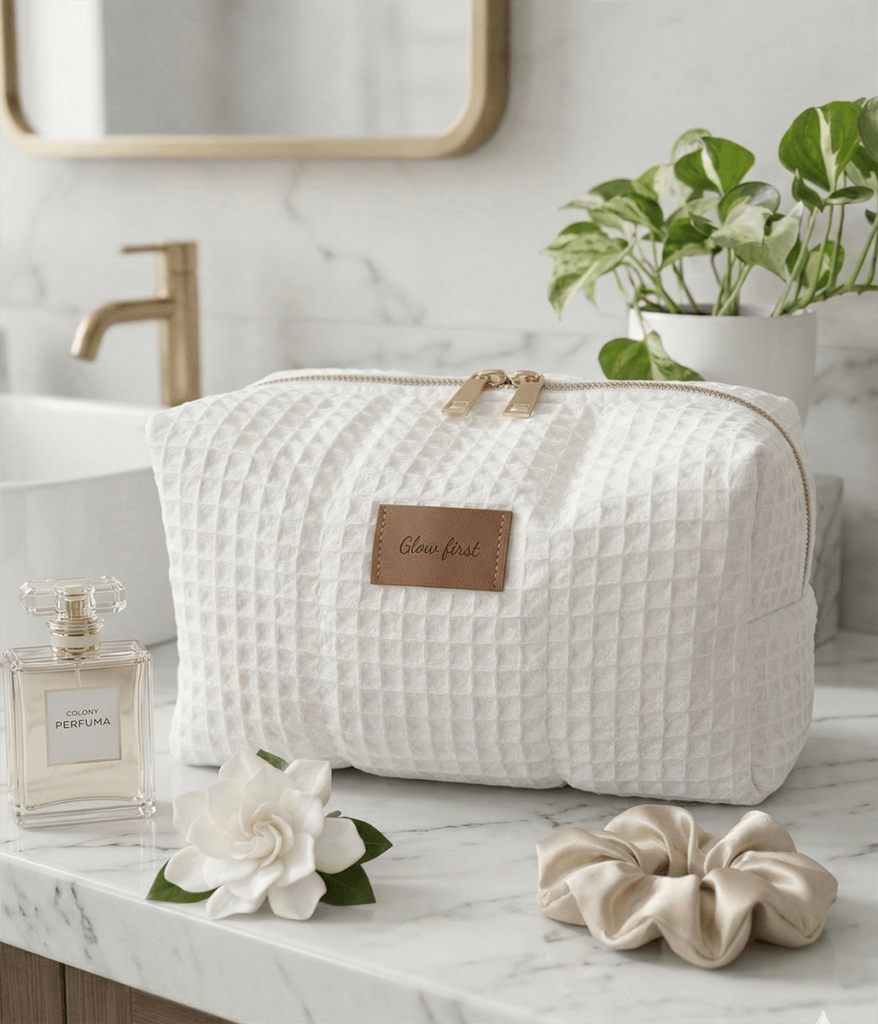 Μεγάλο χειροποίητο νεσεσέρ καλλυντικών Glow First από την Rêve Skincare. Ευρύχωρο νεσεσέρ με premium waffle ύφανση και χρυσές λεπτομέρειες.