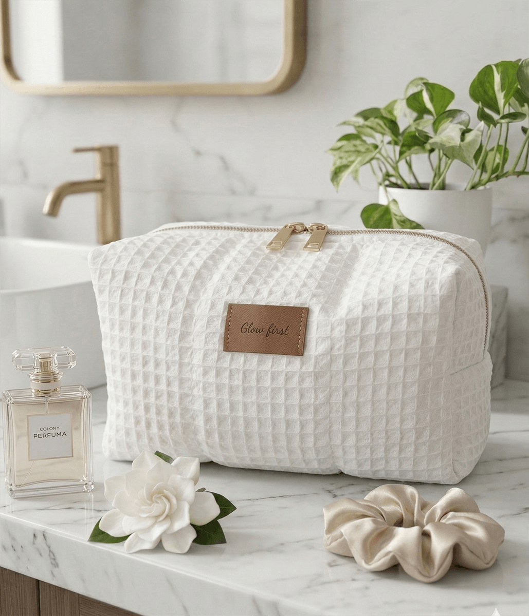 Μεγάλο χειροποίητο νεσεσέρ καλλυντικών Glow First από την Rêve Skincare. Ευρύχωρο νεσεσέρ με premium waffle ύφανση και χρυσές λεπτομέρειες.