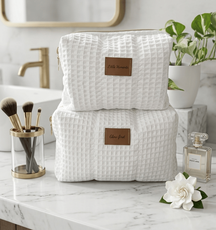 Σετ χειροποίητα νεσεσέρ καλλυντικών Mother & Mini The Glow Edition από την Rêve Skincare. Ασορτί νεσεσέρ μαμάς και μωρού με premium waffle ύφανση.