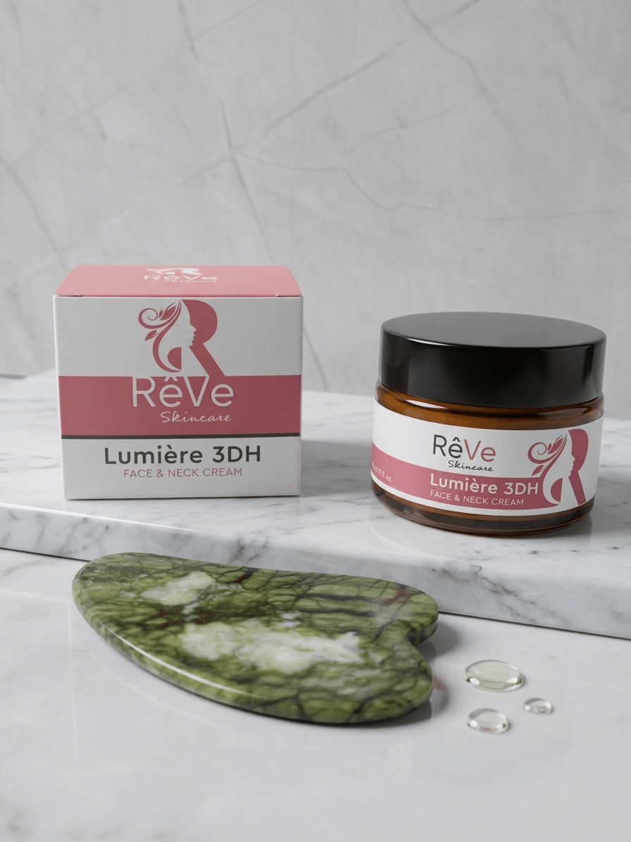 Σετ μασάζ και αποσυμφόρησης προσώπου με κρέμα Lumière 3DH και premium Gua Sha από την Rêve Skincare.